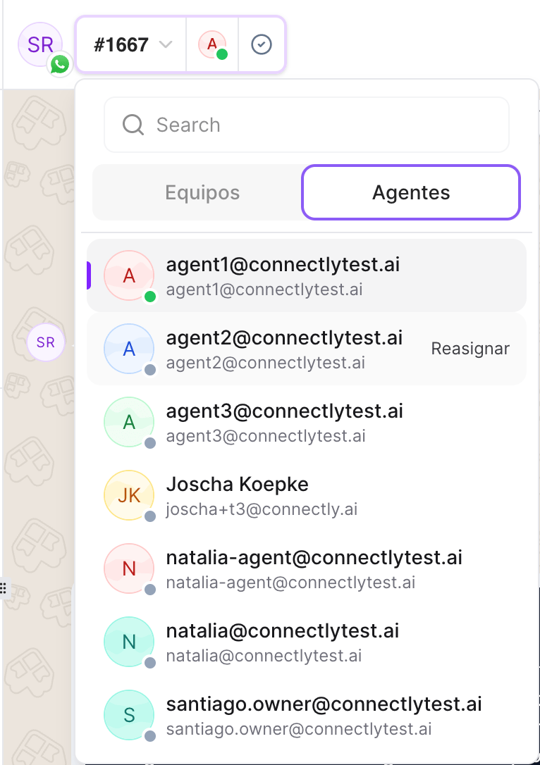 Assignment dropdown with Teams and Agents tabs for assigning or reassigning a ticket