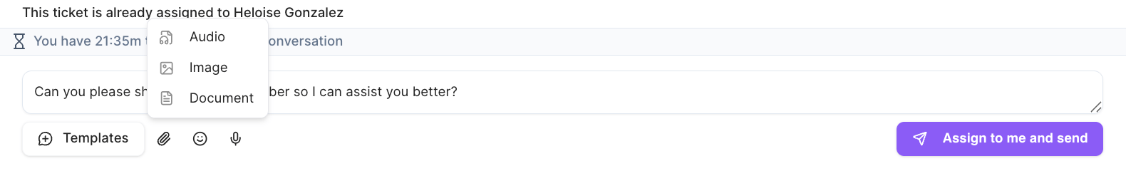 Composer with the attachment menu (audio, image, document), the session countdown, and the send button