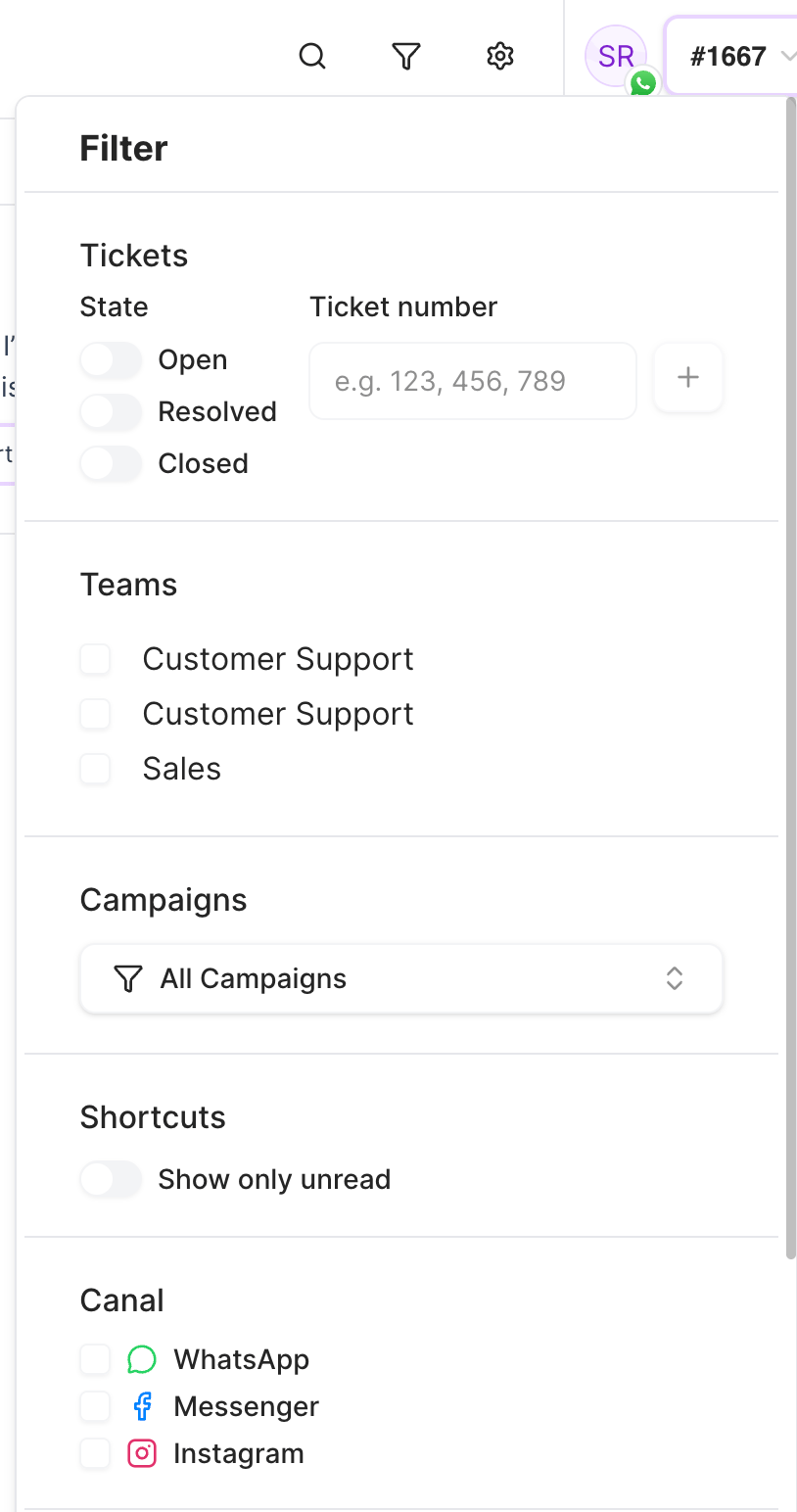Inbox filter panel with ticket status, ticket number, teams, campaigns, shortcuts, and channel filters