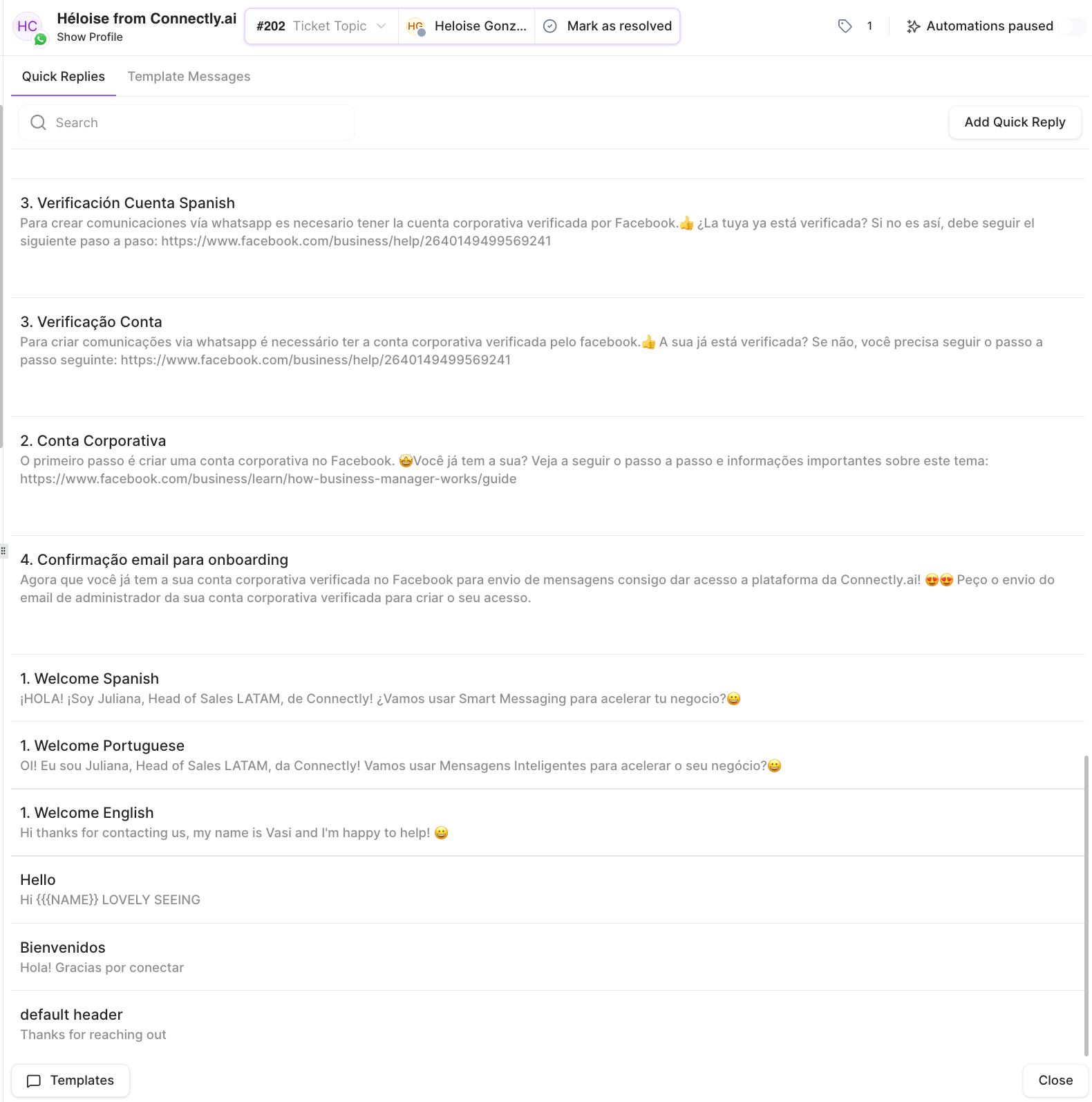 Quick Replies tab in the message library with saved reply snippets