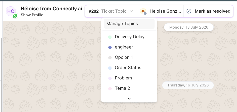 Ticket Topic dropdown listing the available topics with their colors