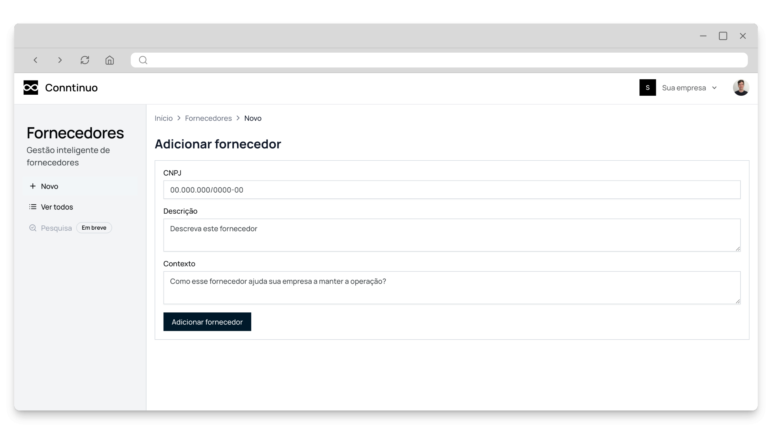Gestão de Fornecedores - Formulário de novo fornecedor