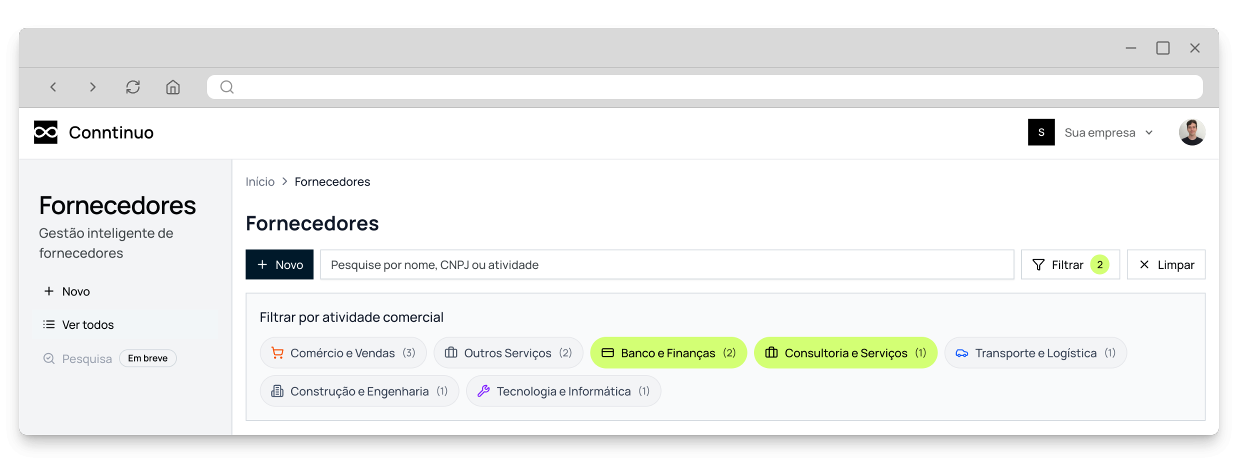 Gestão de Fornecedores - Filtro na lista