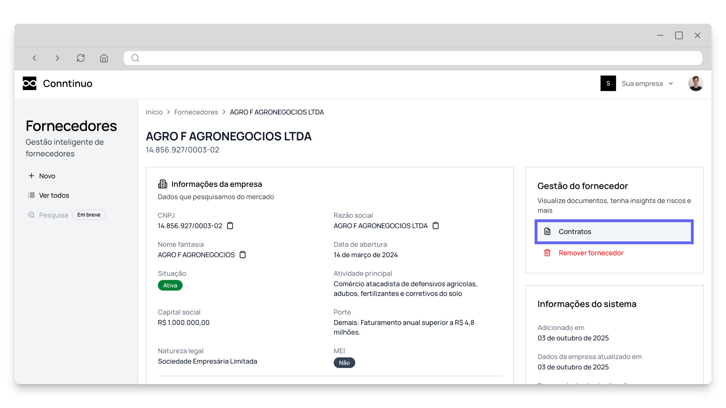 Acesso à seção de contratos do fornecedor