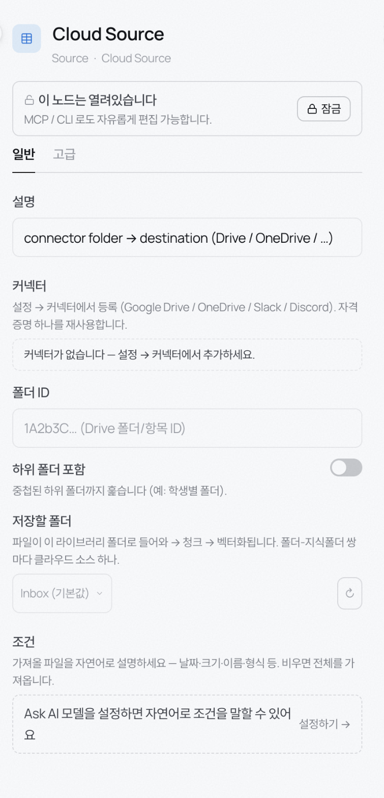 Cloud Source node settings showing the connector, folder ID, subfolder option, target library folder, and filter condition