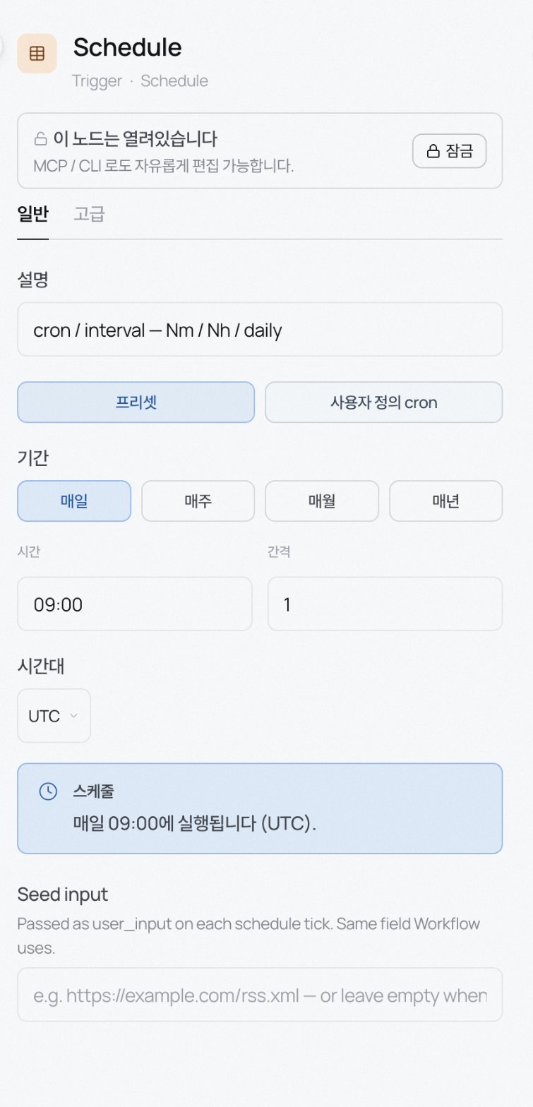 Schedule Trigger settings showing cadence, time, timezone, and a Seed input