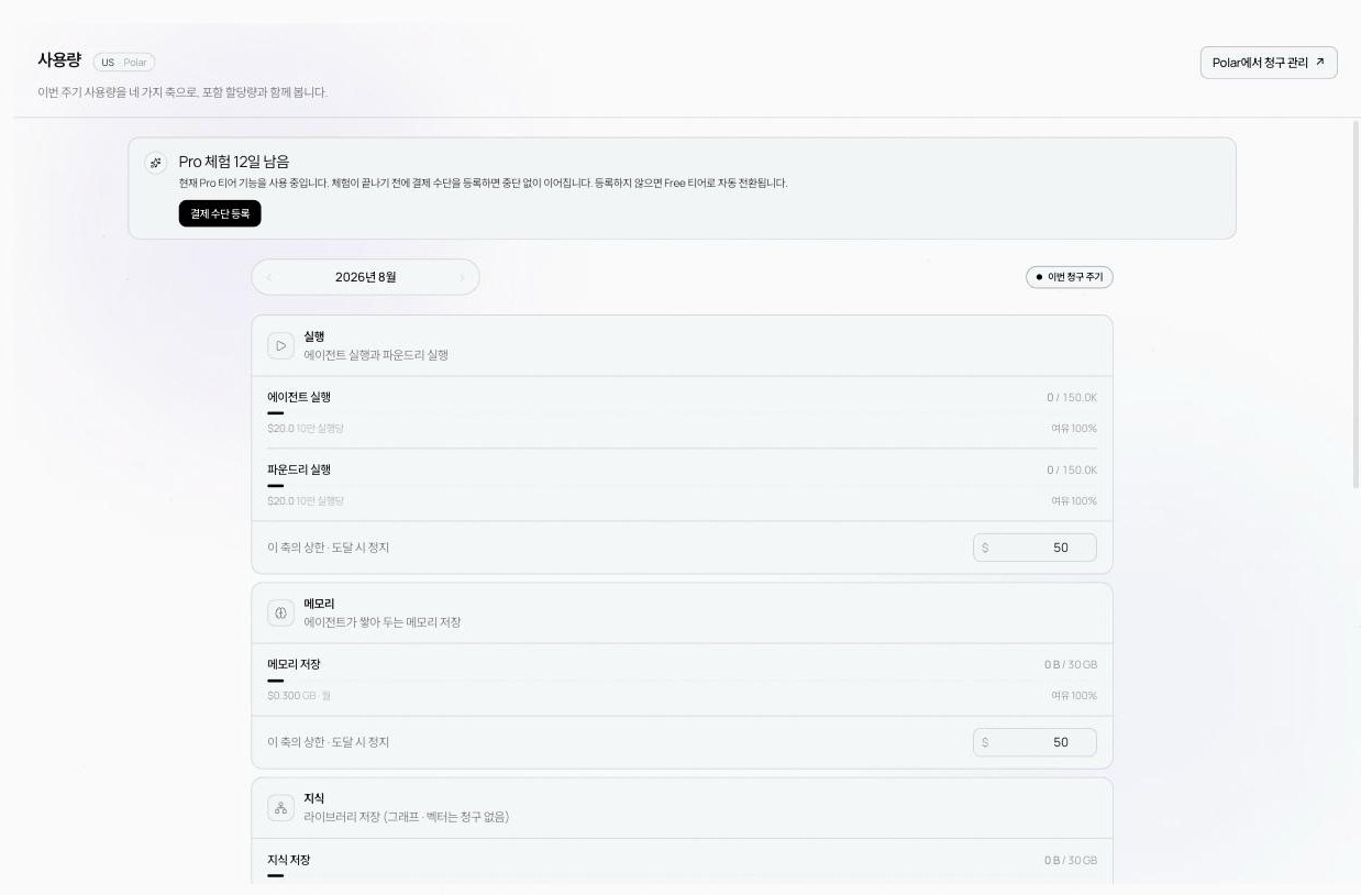 사용량 화면. 이번 청구 주기의 실행·메모리 축 사용량과 축별 상한 입력이 보인다