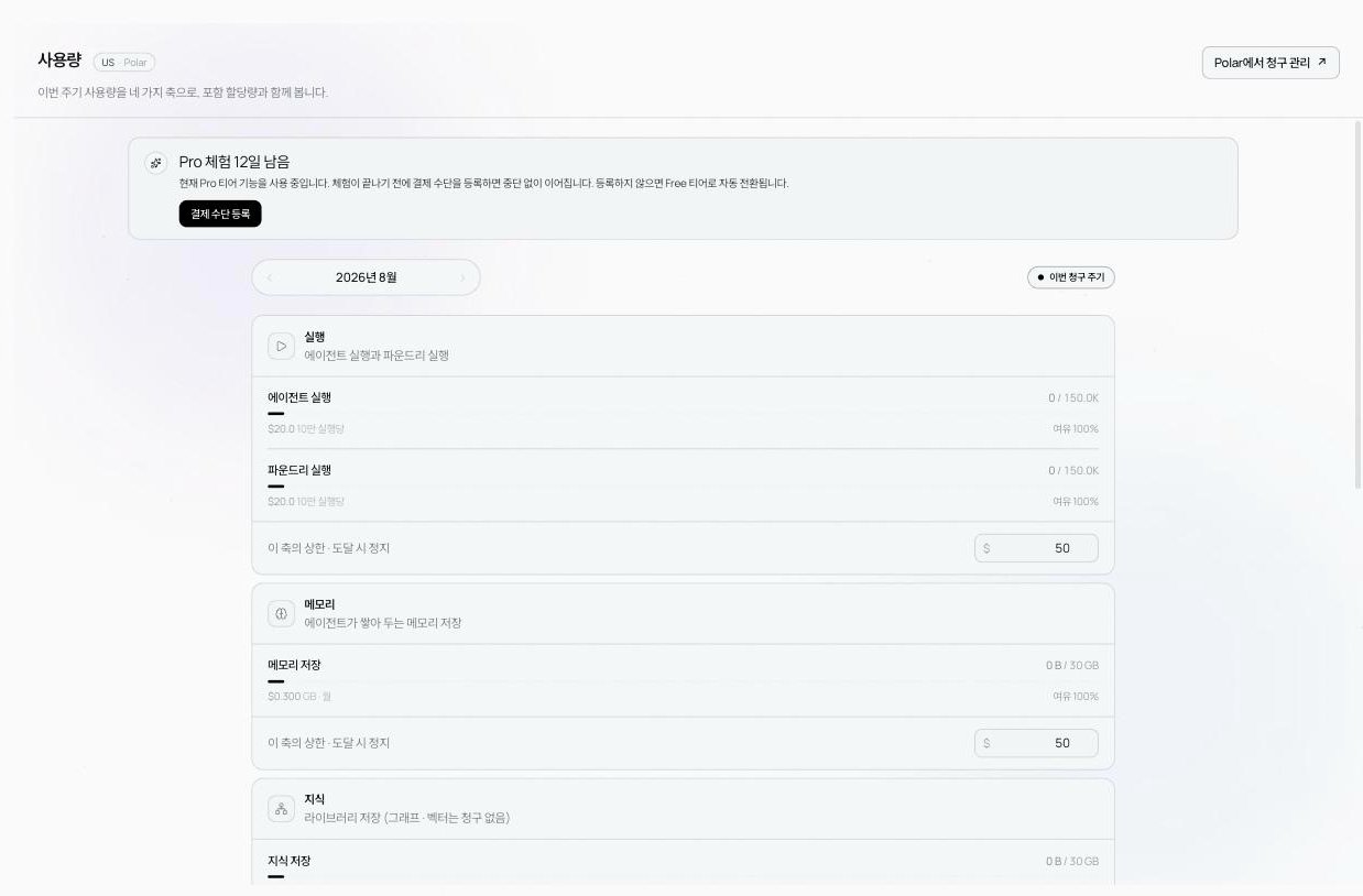 사용량 화면. 이번 청구 주기의 실행·메모리 축 사용량과 축별 상한 입력이 보인다