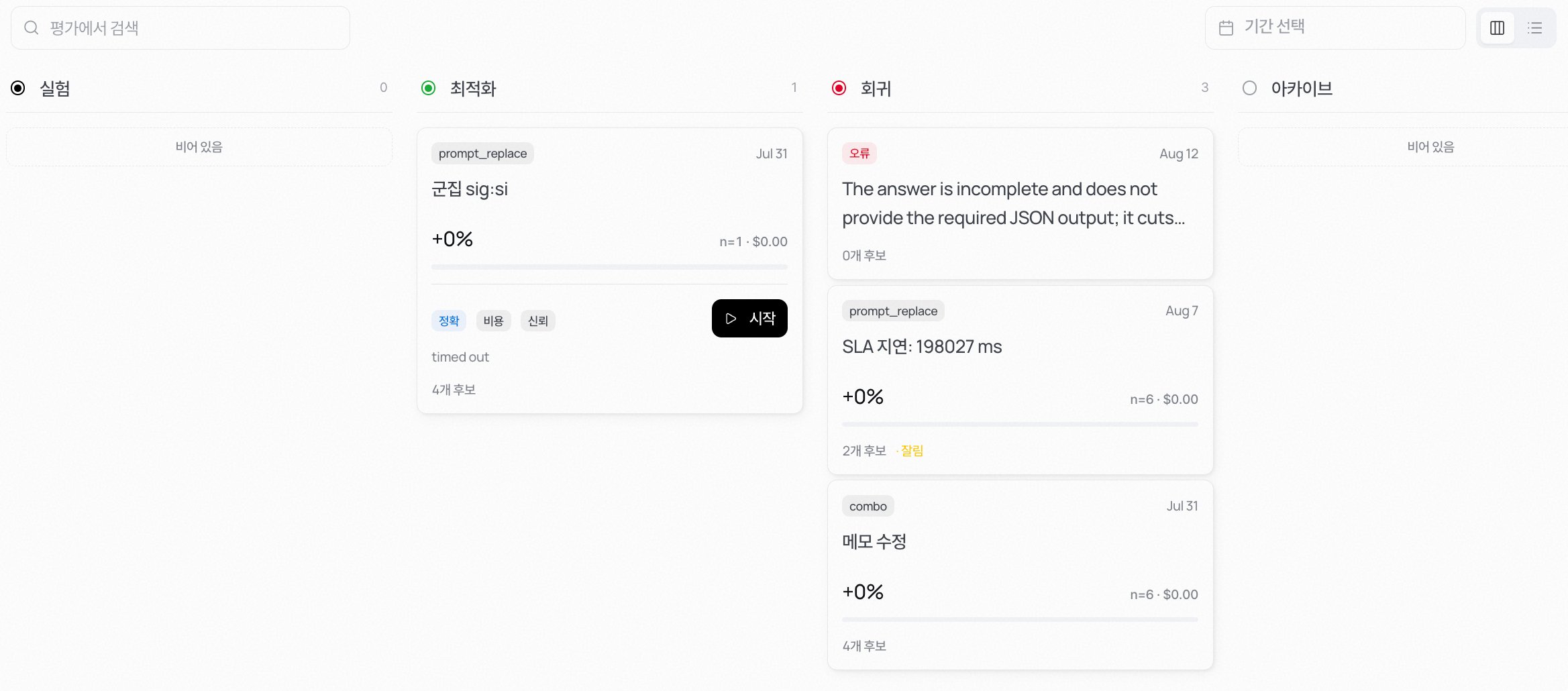 시뮬레이션 화면 — 실험, 최적화, 회귀, 아카이브 네 칸에 평가 카드가 놓여 있다