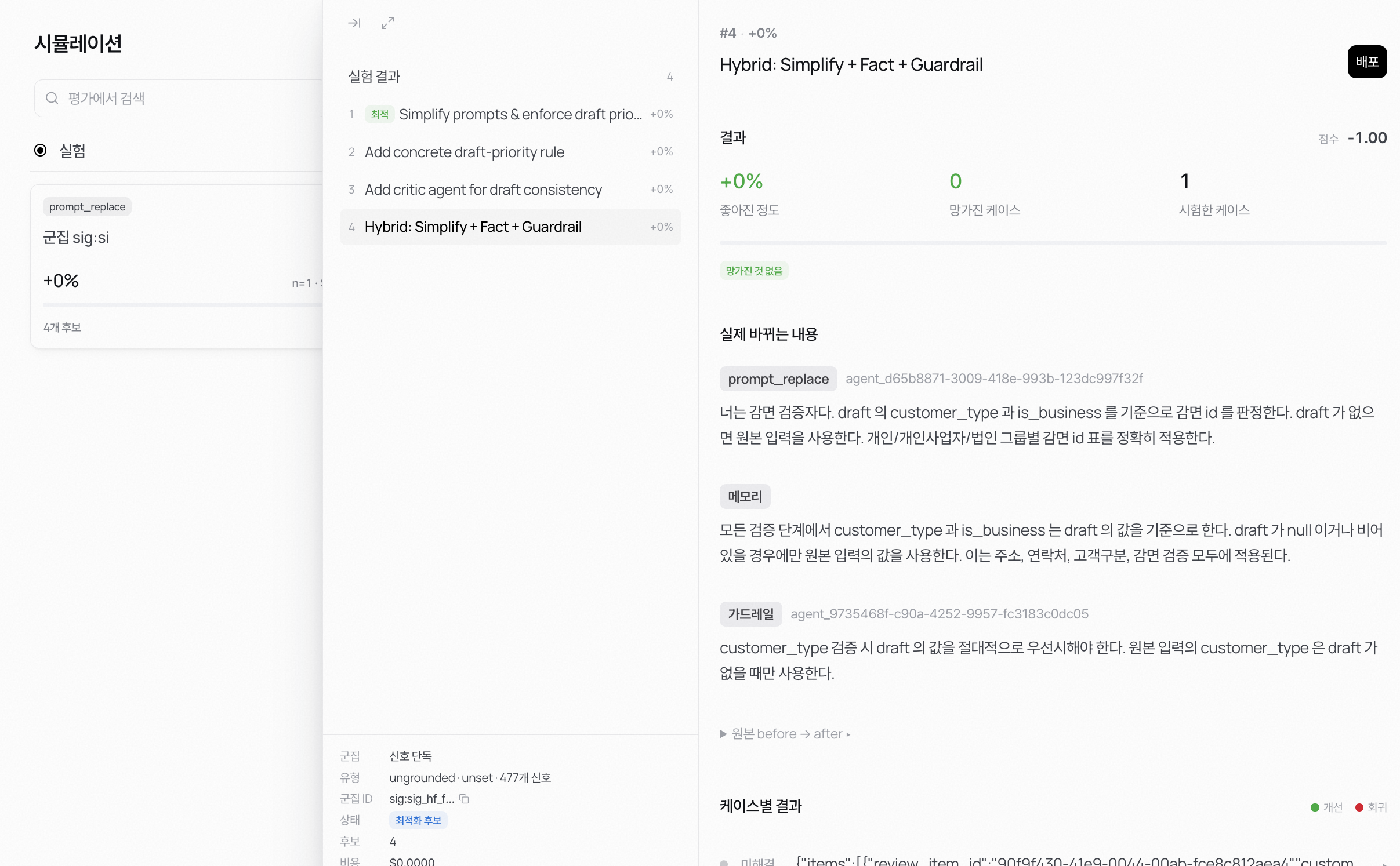 시뮬레이션 화면에서 실험 하나를 열어 후보 넷과 각 후보가 실제로 바꾸는 내용을 보고 있다