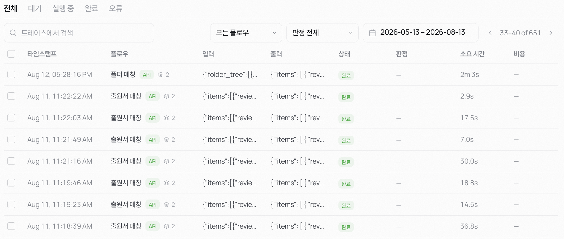 트레이스 목록 화면 — 전체·대기·실행 중·완료·오류 탭, 플로우와 판정 필터, 기간 선택이 있고 아래로 실행이 한 줄씩 쌓여 있다