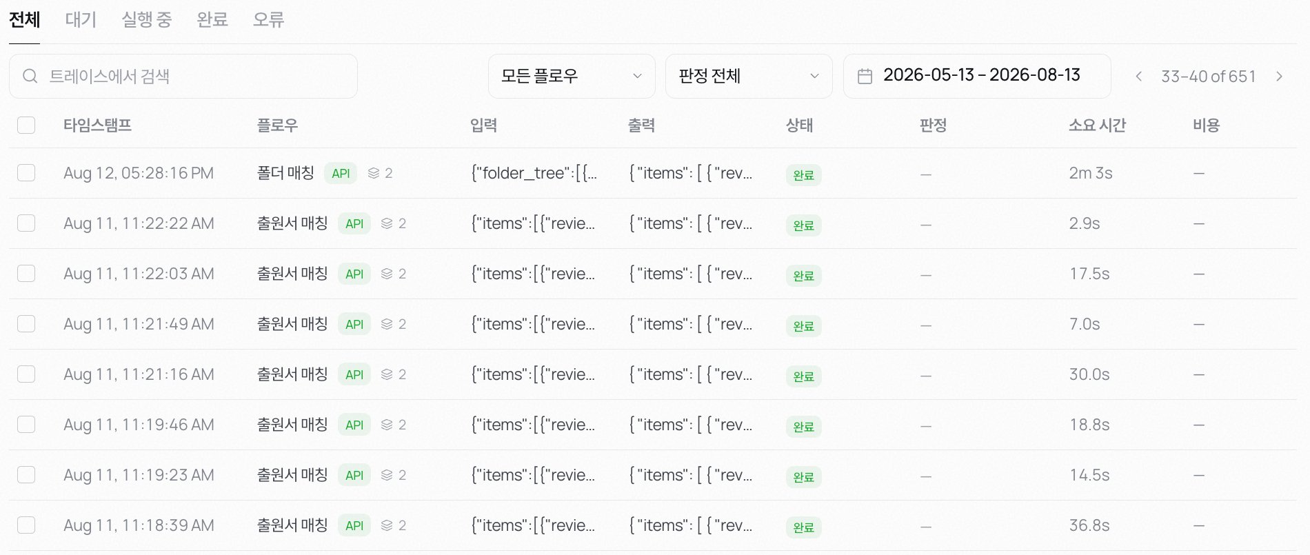 트레이스 목록 화면 — 전체·대기·실행 중·완료·오류 탭, 플로우와 판정 필터, 기간 선택이 있고 아래로 실행이 한 줄씩 쌓여 있다