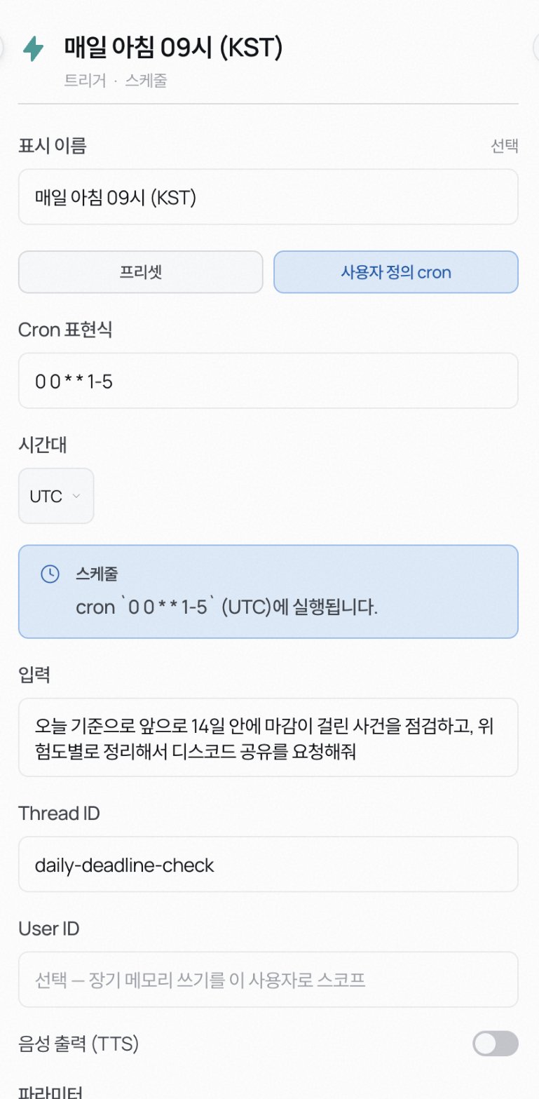 Trigger 인스펙터 — 스케줄 트리거의 cron 표현식, 시간대, 입력, Thread ID가 보인다