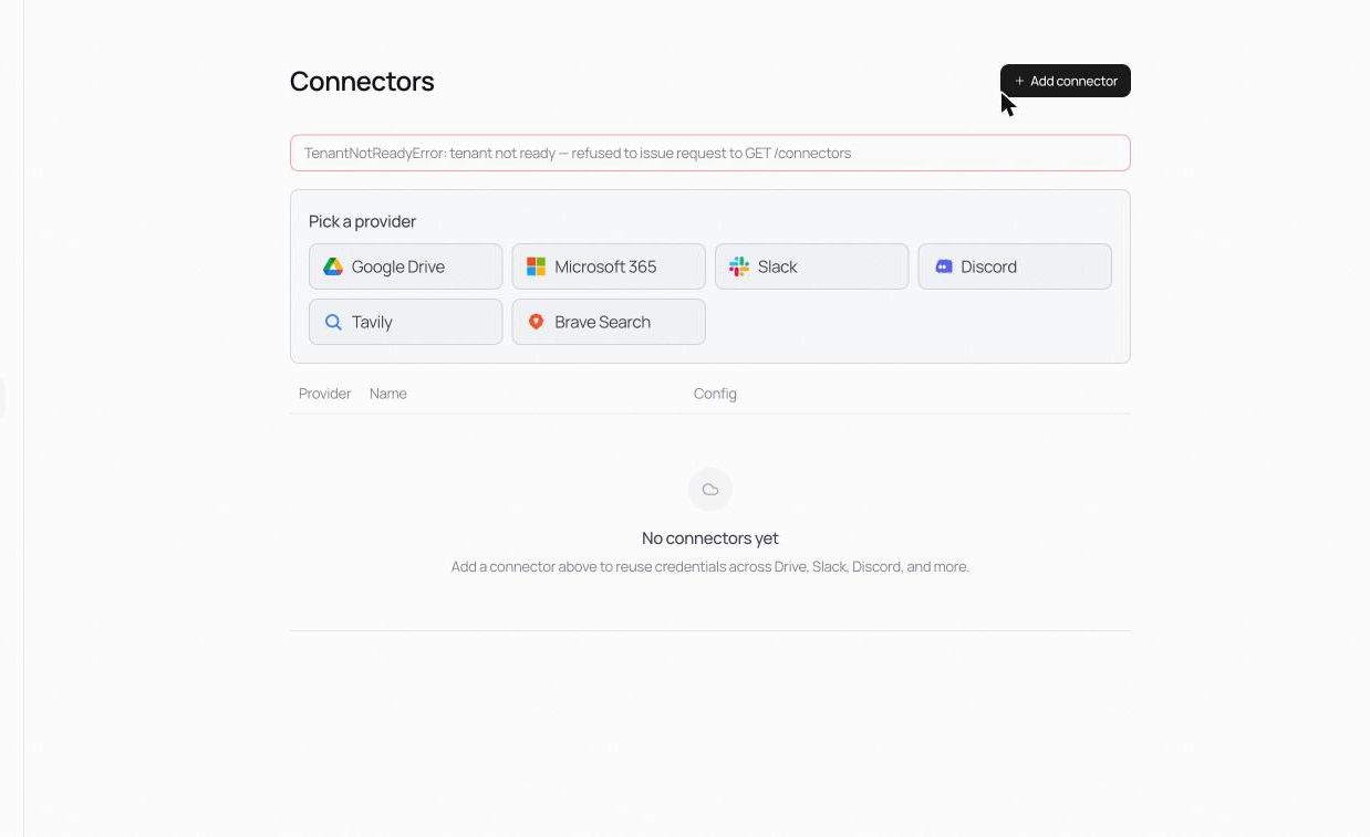 Connectors screen with the Pick a provider panel: Google Drive, Microsoft 365, Slack, Discord, Tavily, Brave Search.
