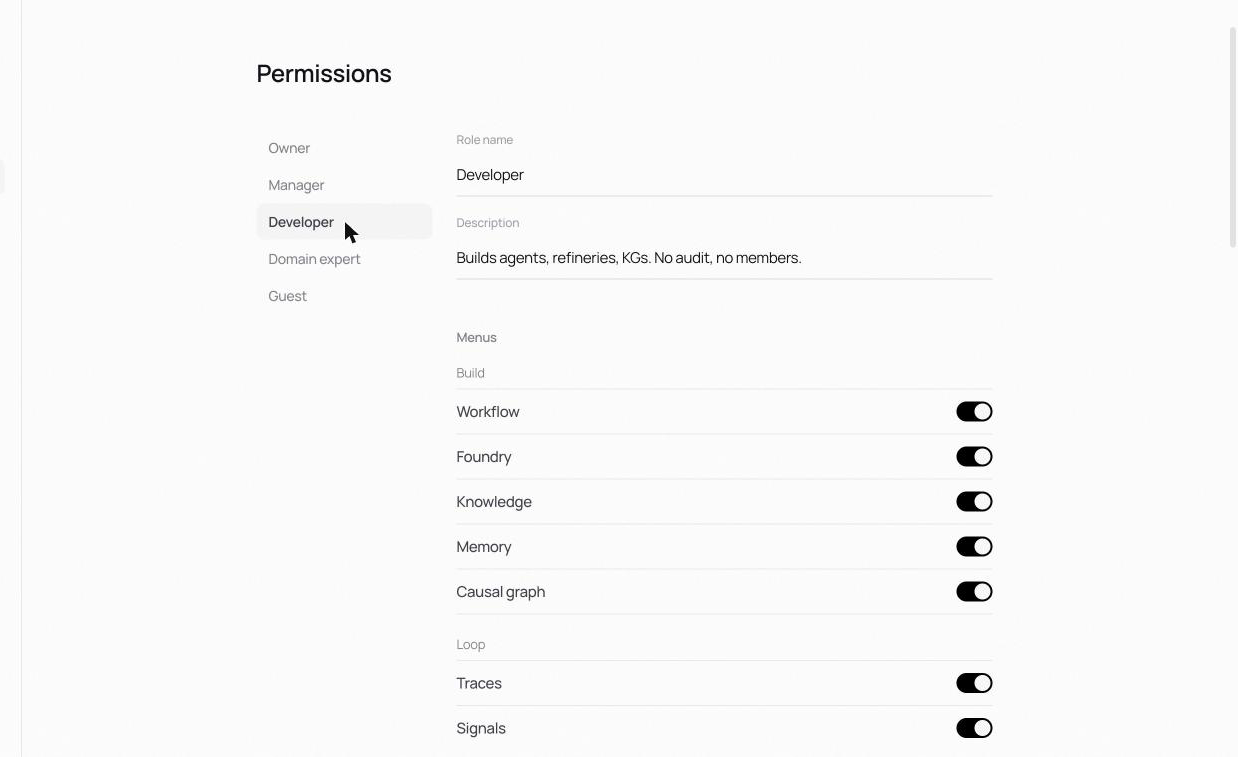 Permissions screen for the Developer role. Left: the role list. Right: menu toggles grouped by Build / Loop / Settings and the action toggles.