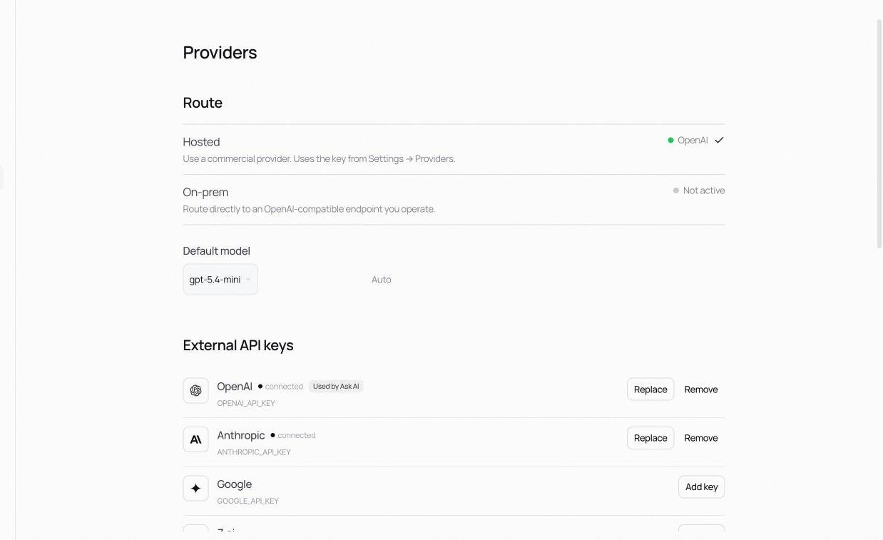 Providers screen. Ask AI routing and default model at the top, then the External API keys list from OpenAI to ElevenLabs, each with an [Add key] button.