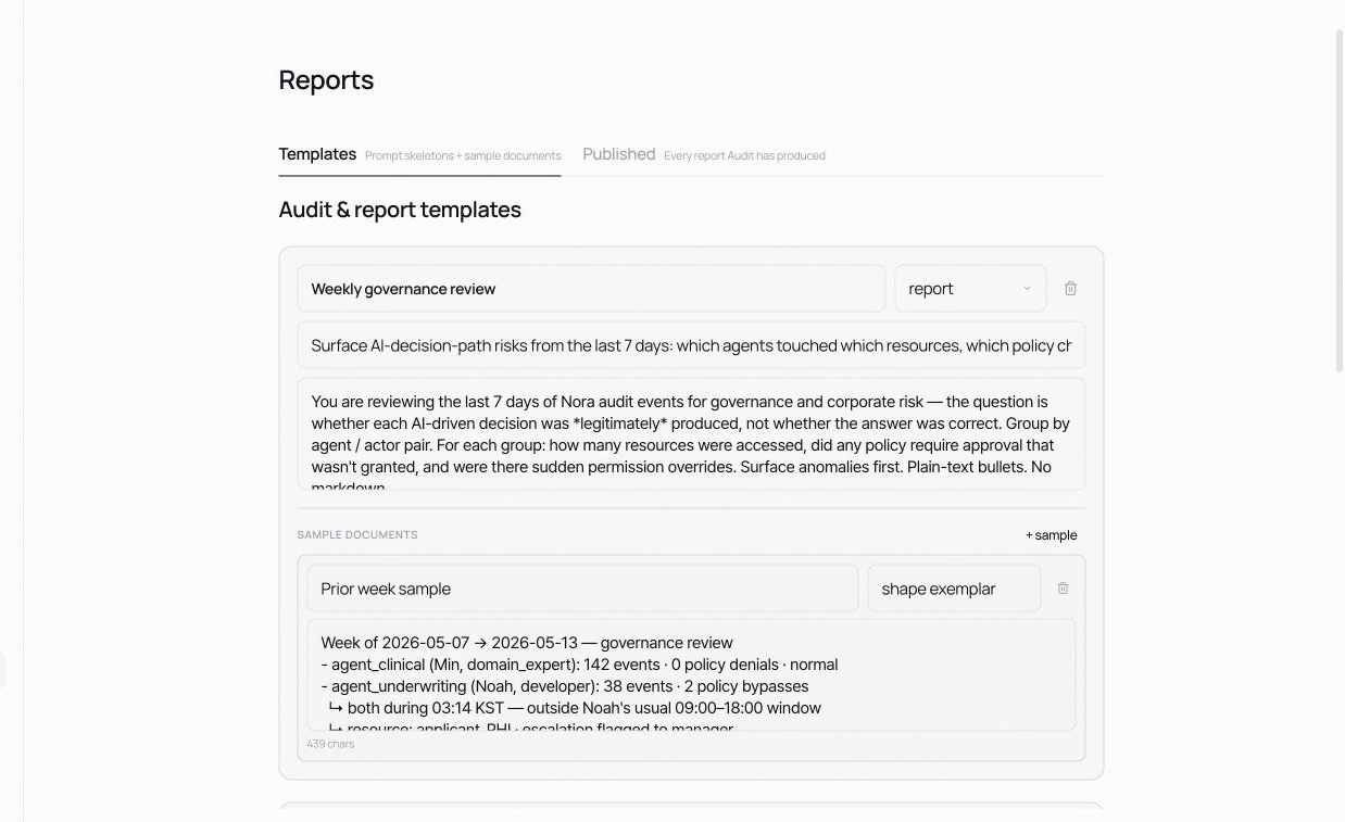 Reports Templates tab. Each template has a name, a type, a prompt, and attached sample documents.