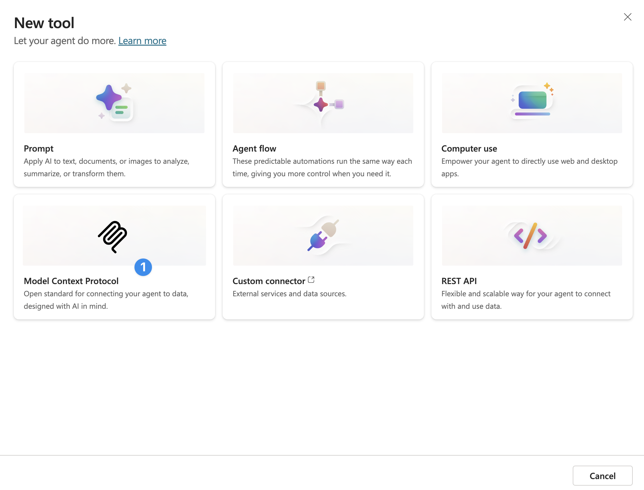 Tool type options with Model Context Protocol highlighted