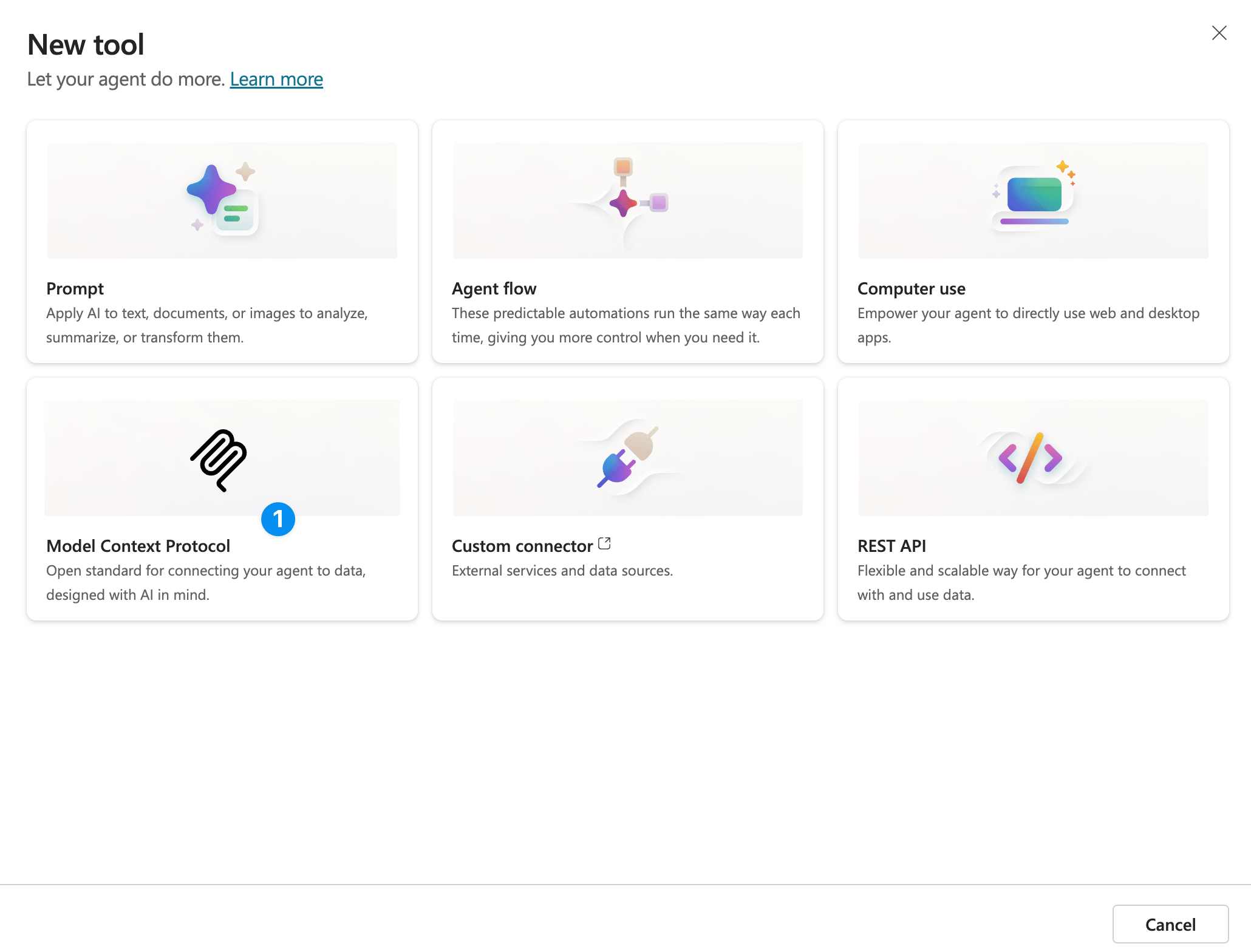 Tool type options with Model Context Protocol highlighted