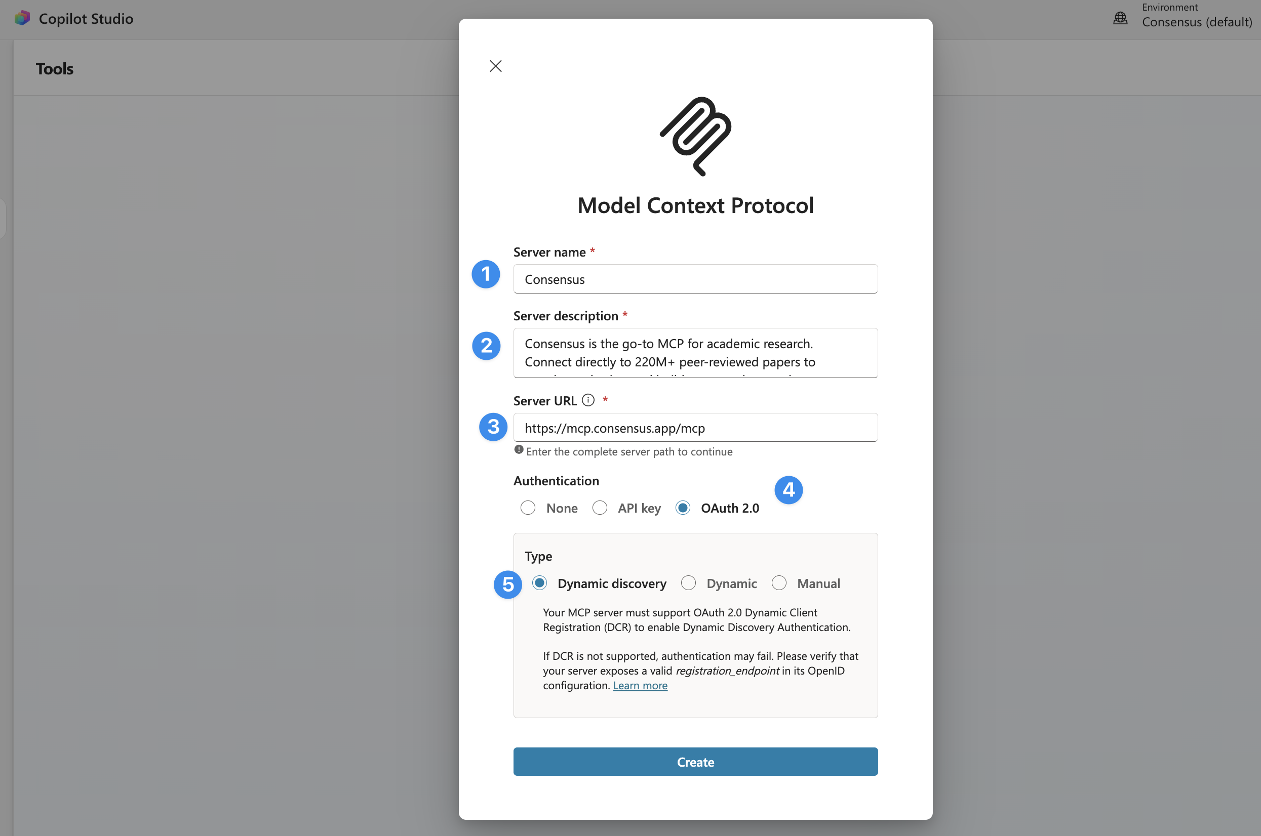 The MCP server form with name, description, URL, and authentication fields