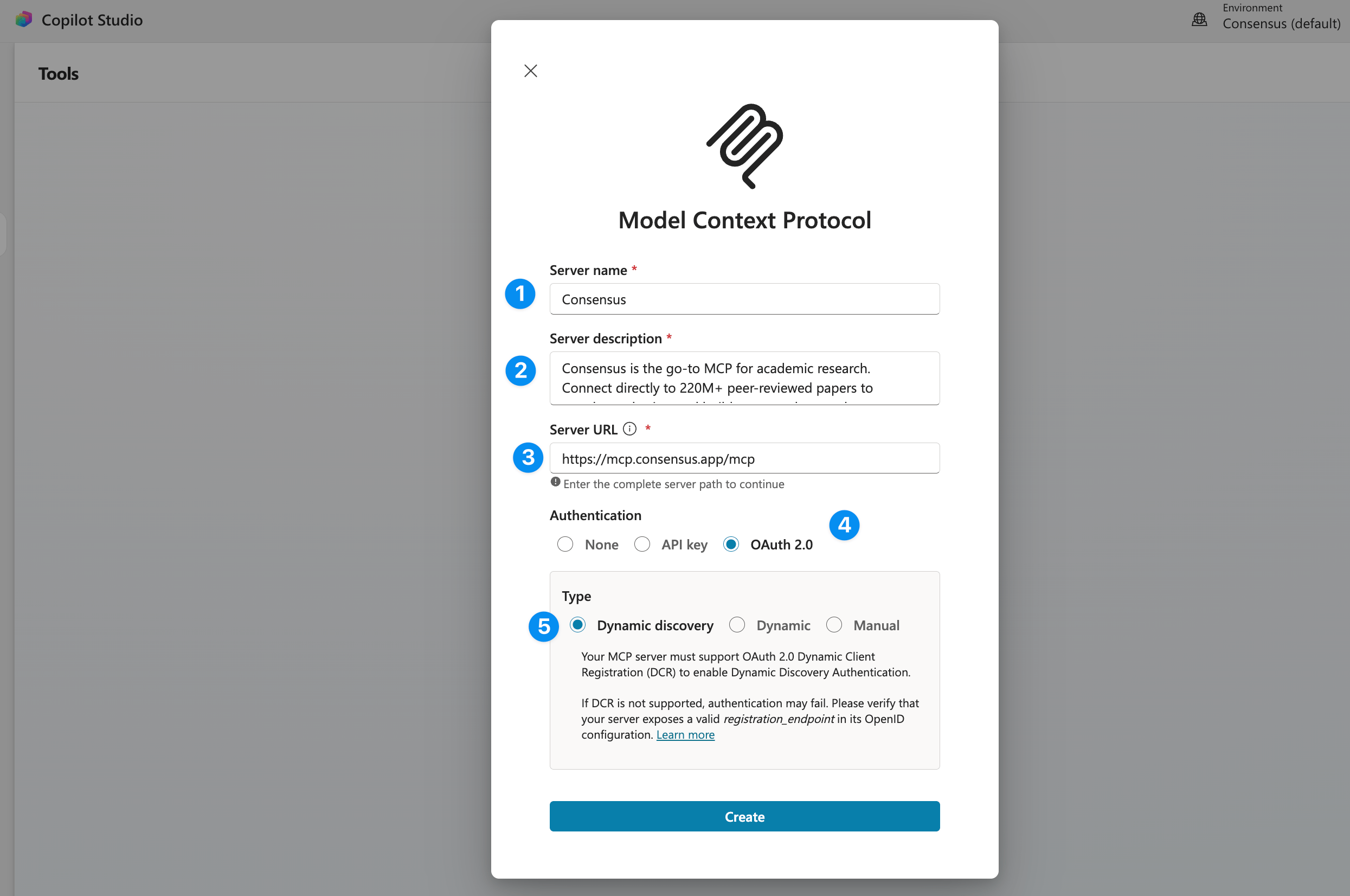The MCP server form with name, description, URL, and authentication fields
