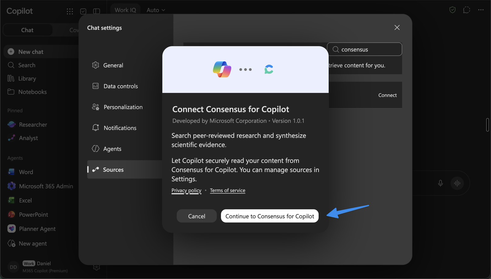 The Connect Consensus for Copilot dialog with a Continue to Consensus for Copilot button