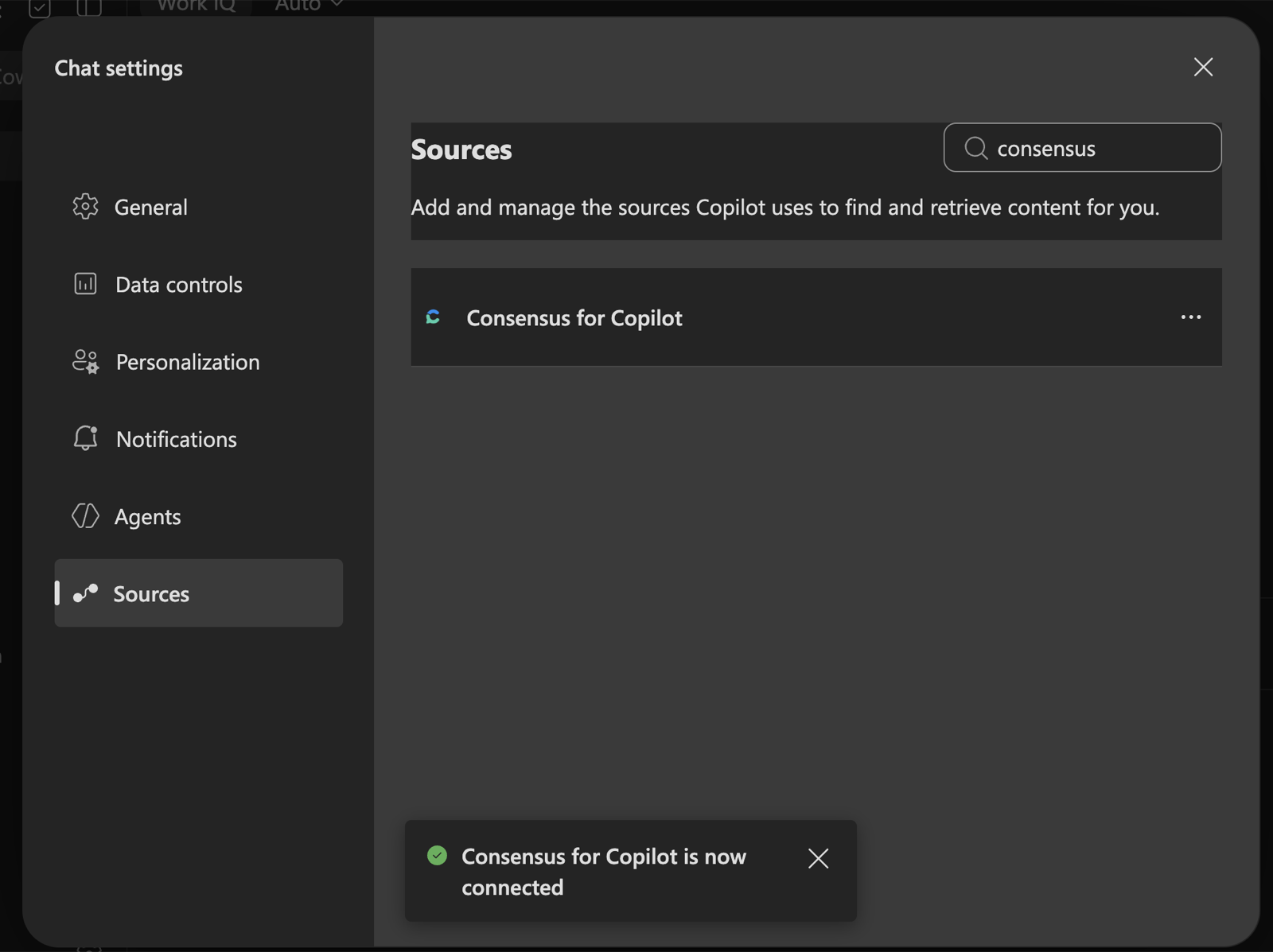 The Sources list showing Consensus for Copilot with a toast reading Consensus for Copilot is now connected