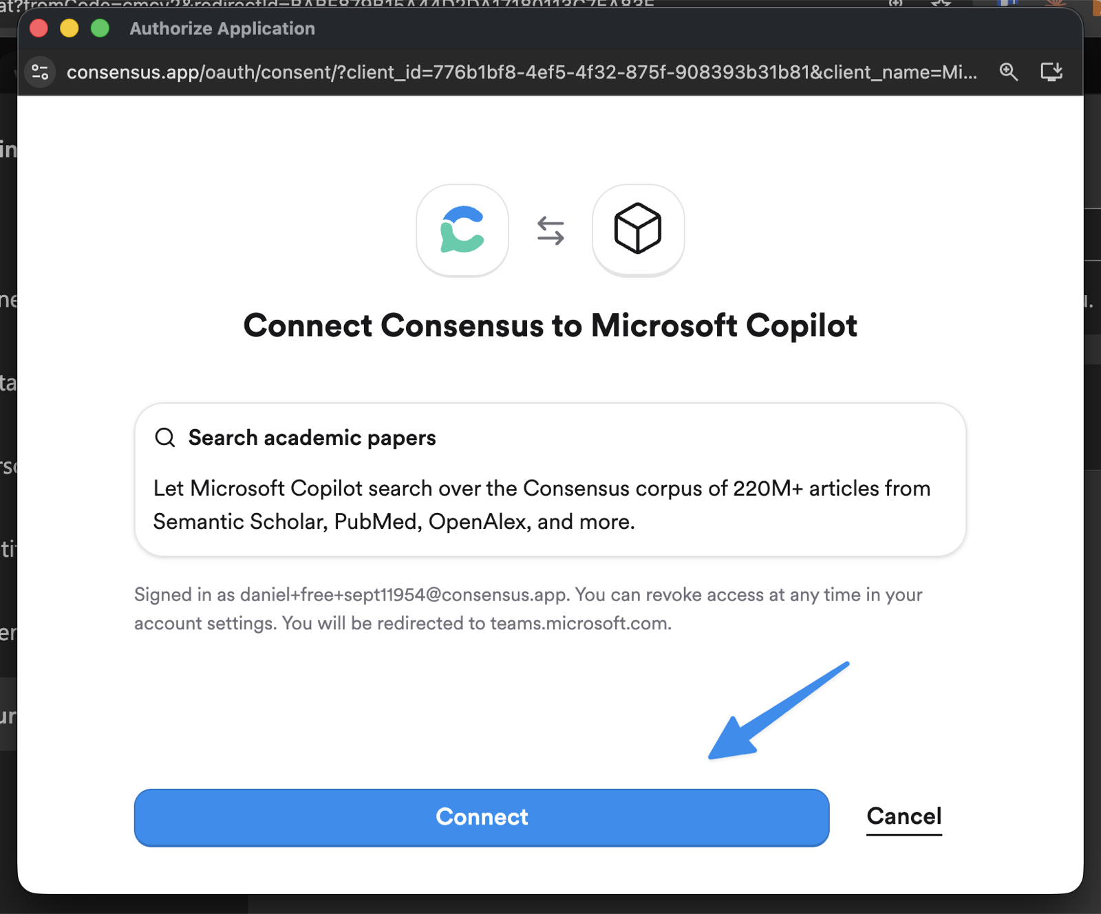 The Consensus authorization page titled Connect Consensus to Microsoft Copilot with a Connect button