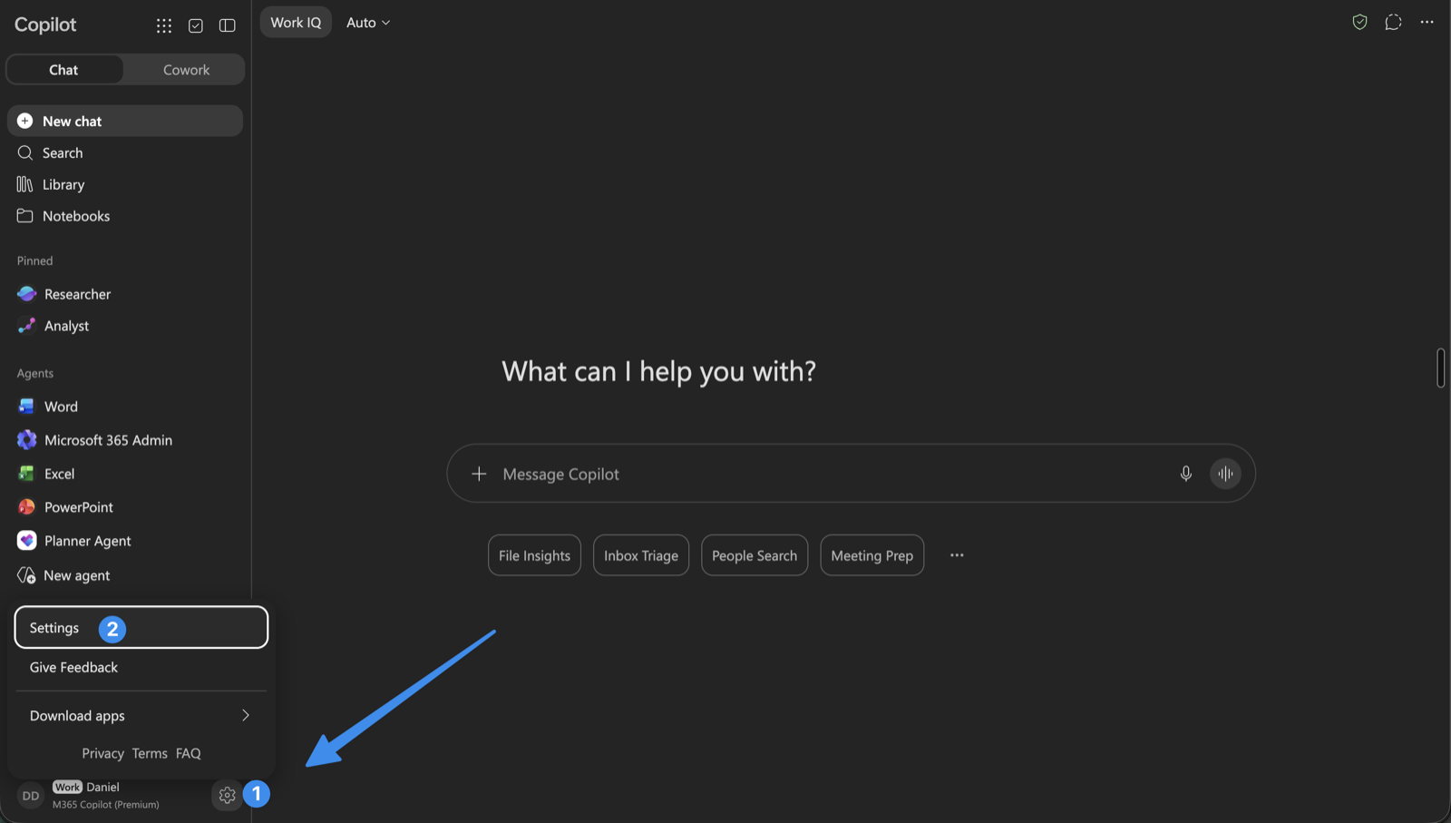 Microsoft 365 Copilot with the gear icon at the bottom of the left sidebar highlighted and the Settings menu item open