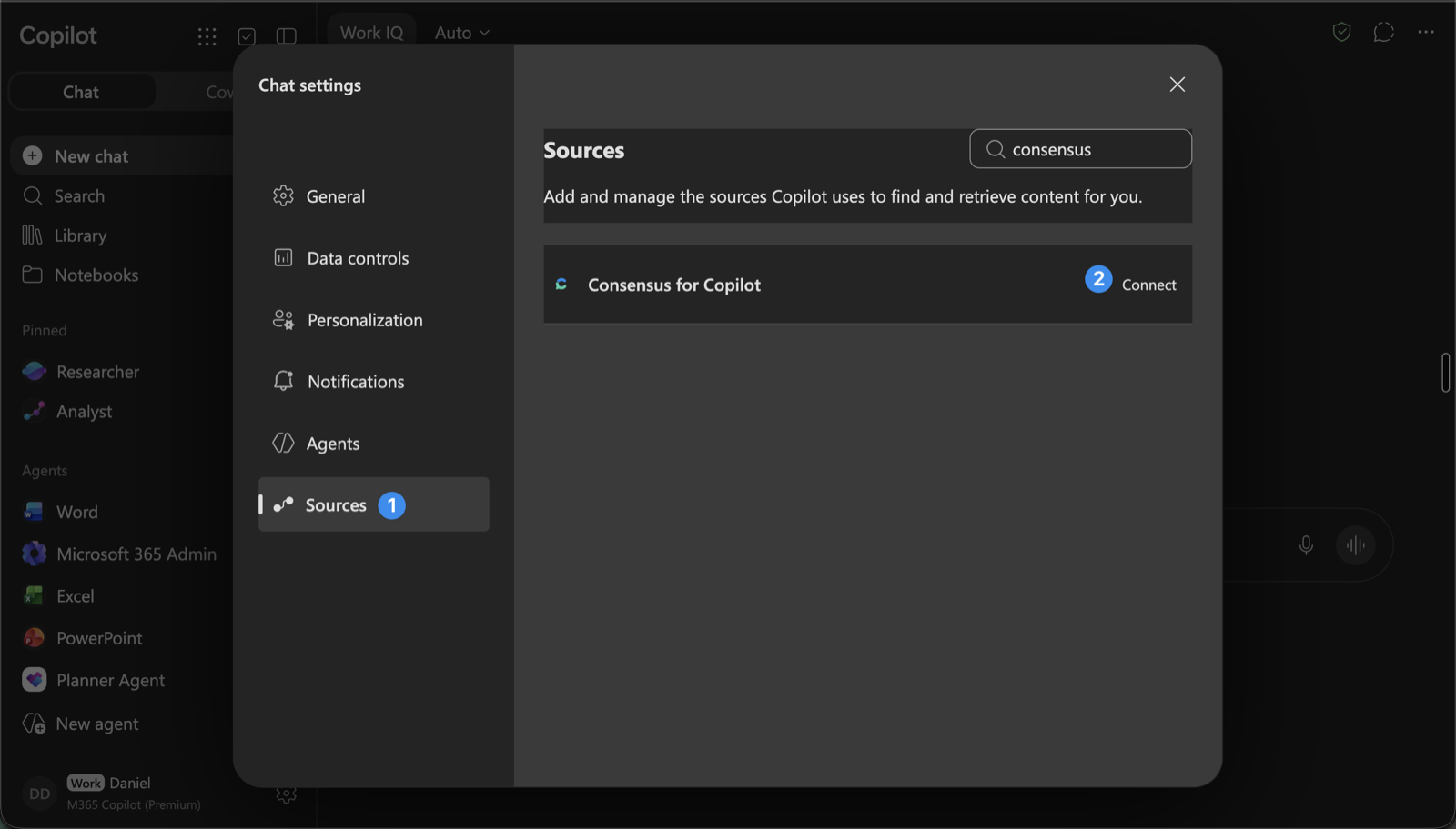 The Chat settings dialog with Sources selected and Consensus for Copilot showing a Connect button