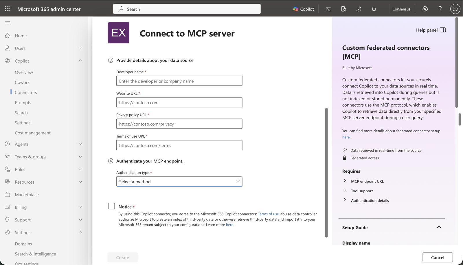 The Connect to MCP server form showing developer name, website, privacy policy, and terms fields, the Authentication type dropdown, and the Notice checkbox
