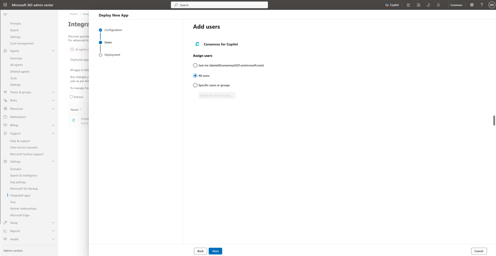 The Add users step showing Just me, All users, and Specific users or groups options for Consensus for Copilot