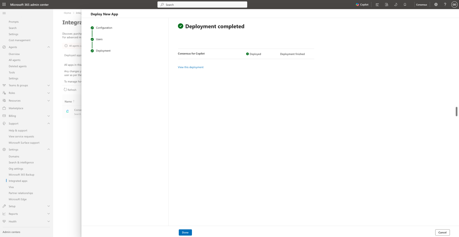 The Deployment completed screen showing Consensus for Copilot with a Deployed status and a View this deployment link