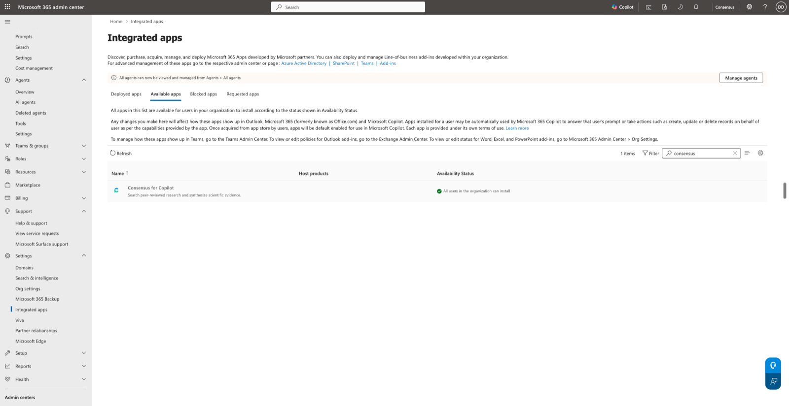 The Integrated apps page on the Available apps tab with Consensus for Copilot listed and its availability status