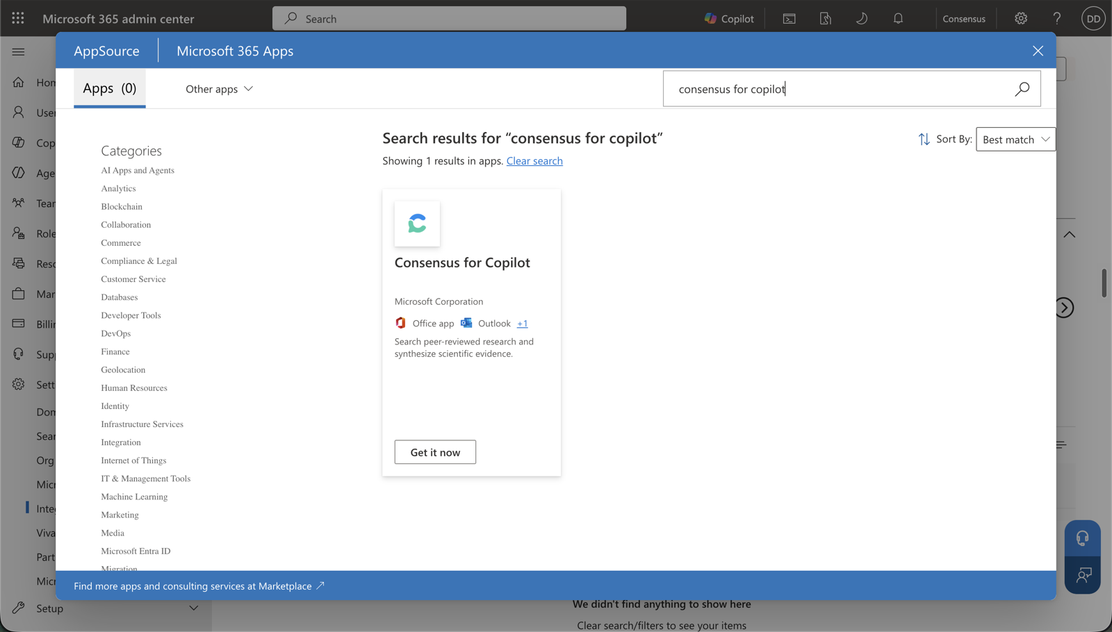 The Microsoft 365 Apps search inside Integrated apps showing the Consensus for Copilot listing by Microsoft Corporation with a Get it now button