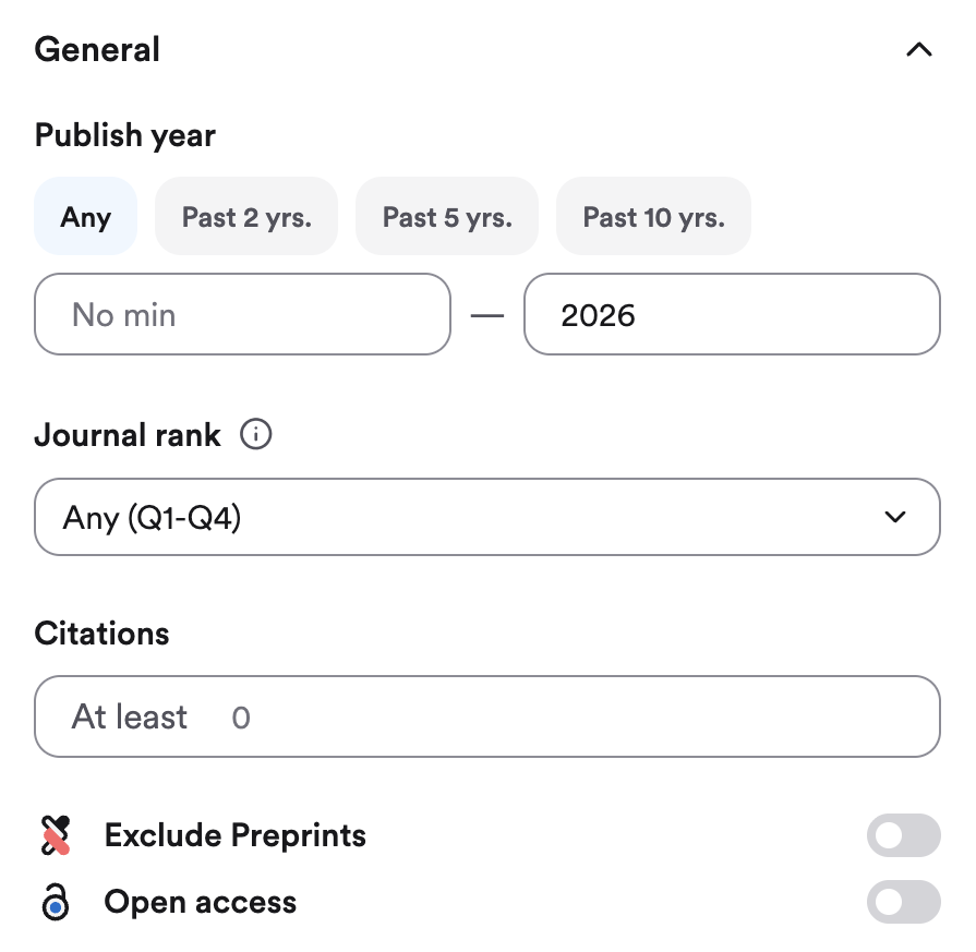 The General filter panel with the Exclude preprints and Open access toggles