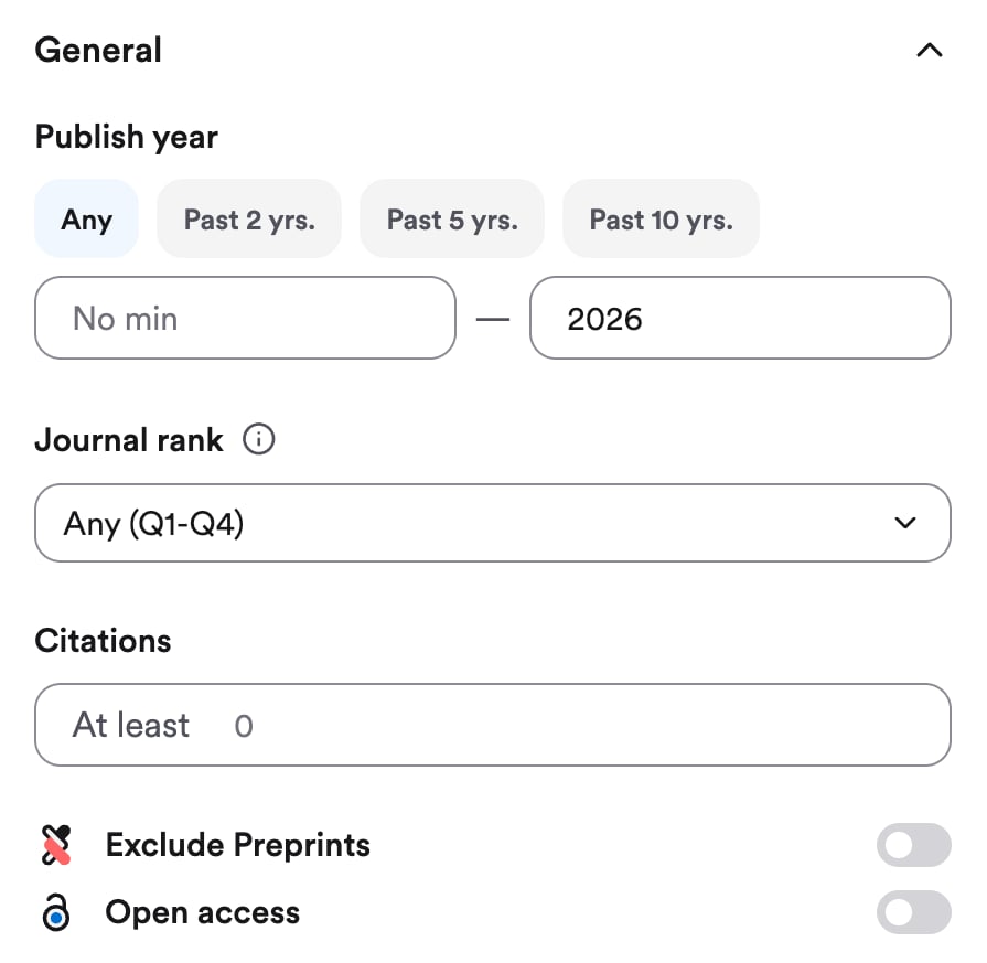 The General filter panel with the Exclude preprints and Open access toggles