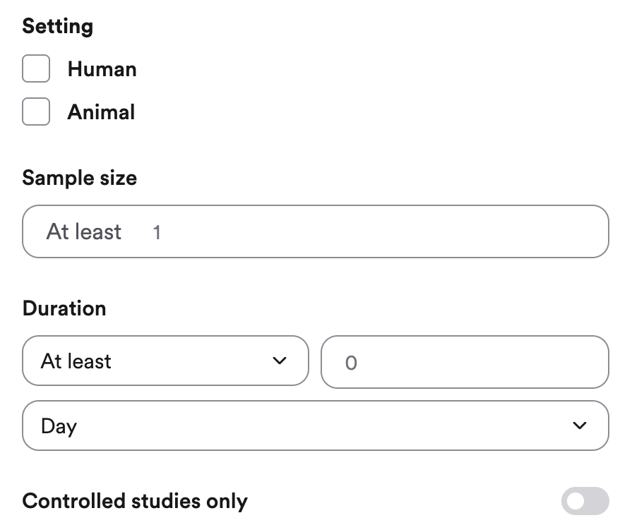 The study details filters: setting, sample size, duration, and controlled studies only