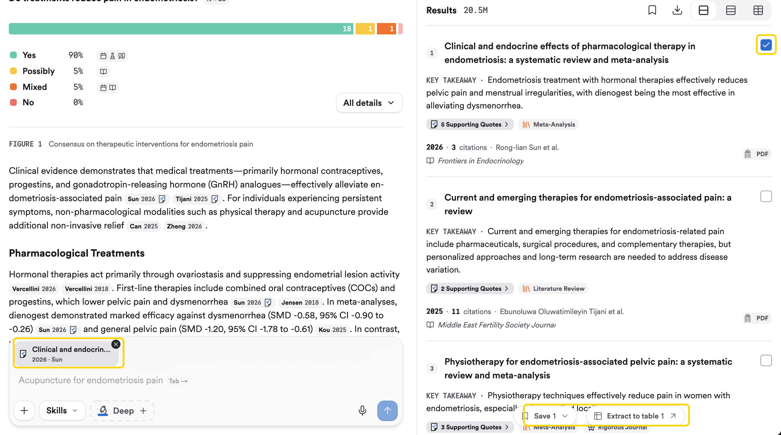 A Consensus answer with one paper attached above the search bar, the same paper ticked in the References panel, and a bar offering Save and Extract to table