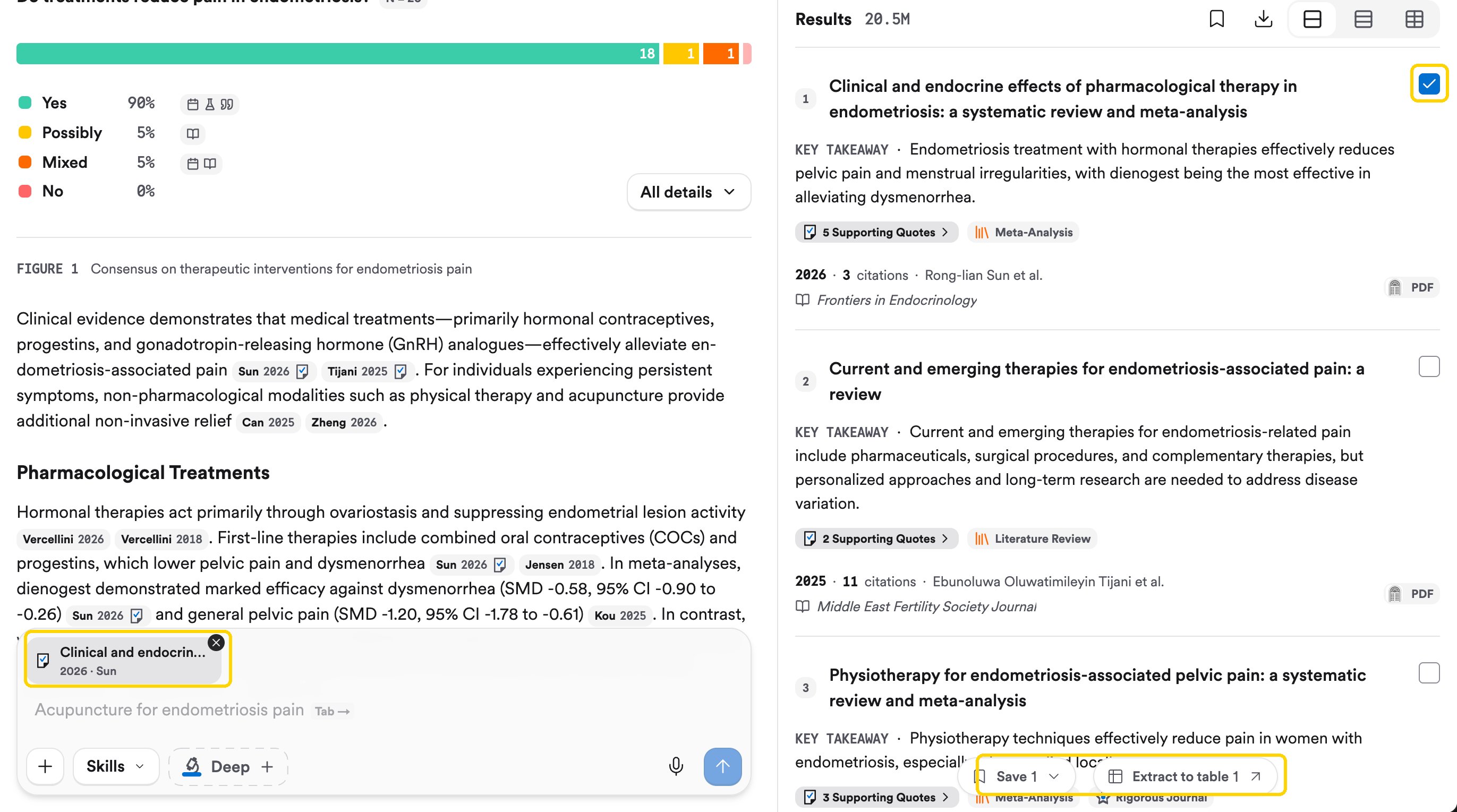 A Consensus answer with one paper attached above the search bar, the same paper ticked in the References panel, and a bar offering Save and Extract to table
