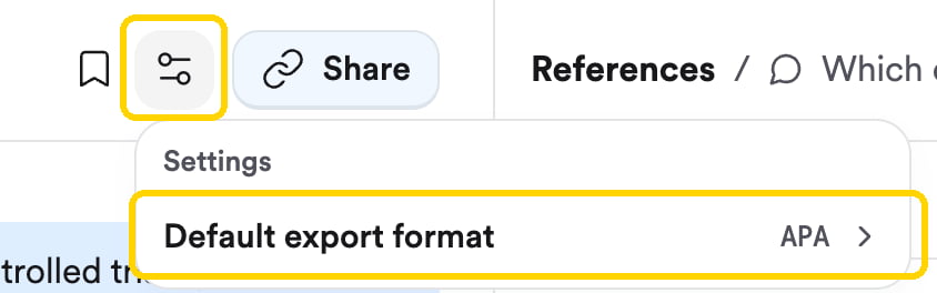 The thread settings menu with the Default export format option set to APA