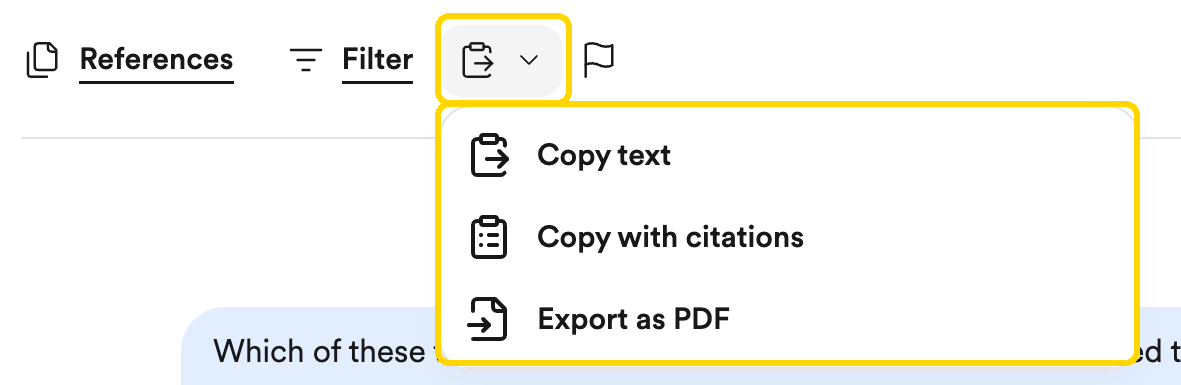 The Export menu with Copy text, Copy with citations, and Export as PDF