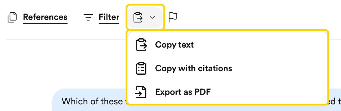 The Export menu with Copy text, Copy with citations, and Export as PDF