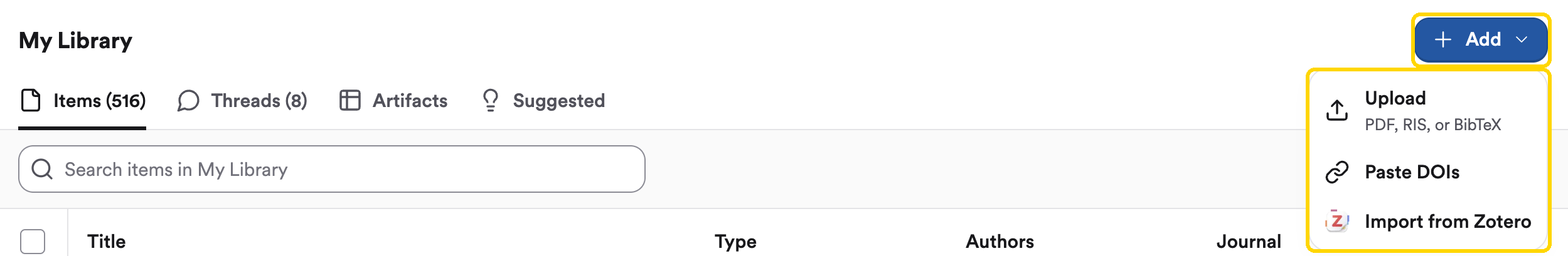 My Library with the + Add menu open, showing Upload, Paste DOIs, and Import from Zotero
