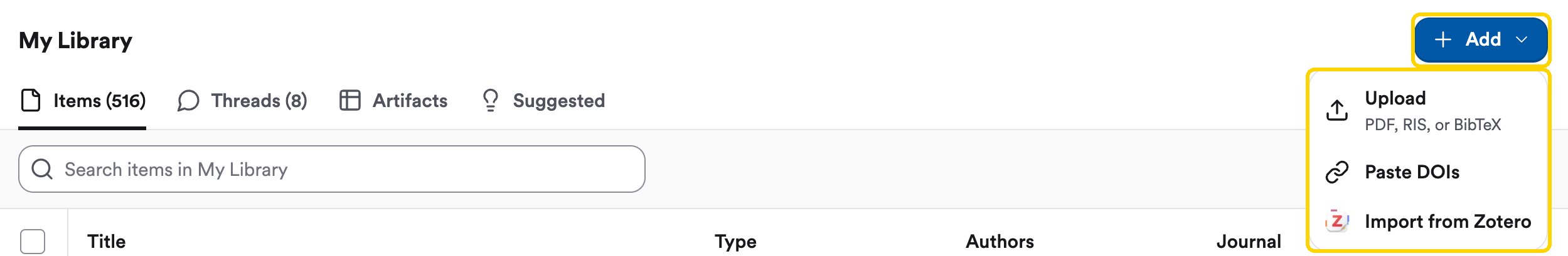 My Library with the + Add menu open, showing Upload, Paste DOIs, and Import from Zotero