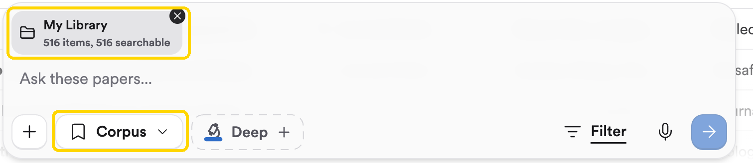 The My Library search bar with My Library attached, the Ask these papers prompt, and the Corpus button highlighted