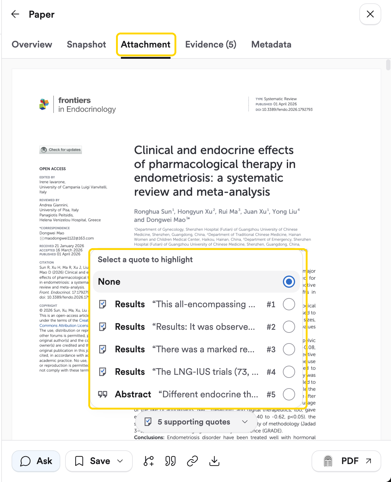 The paper panel on its Attachment tab showing the PDF, with the Select a quote to highlight menu open