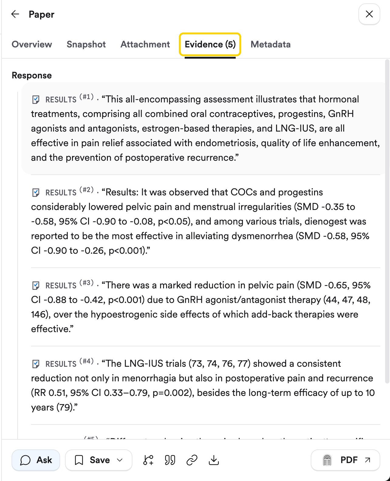 The paper panel on its Evidence tab, listing five numbered quotes from the paper's results section