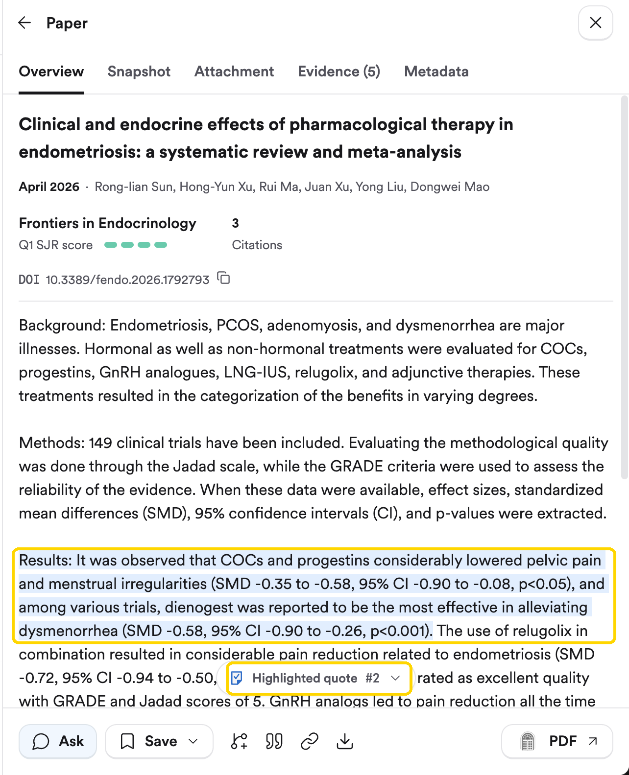 The paper panel open on its Overview tab, with a supporting quote from the abstract highlighted and the Highlighted quote #2 picker below it