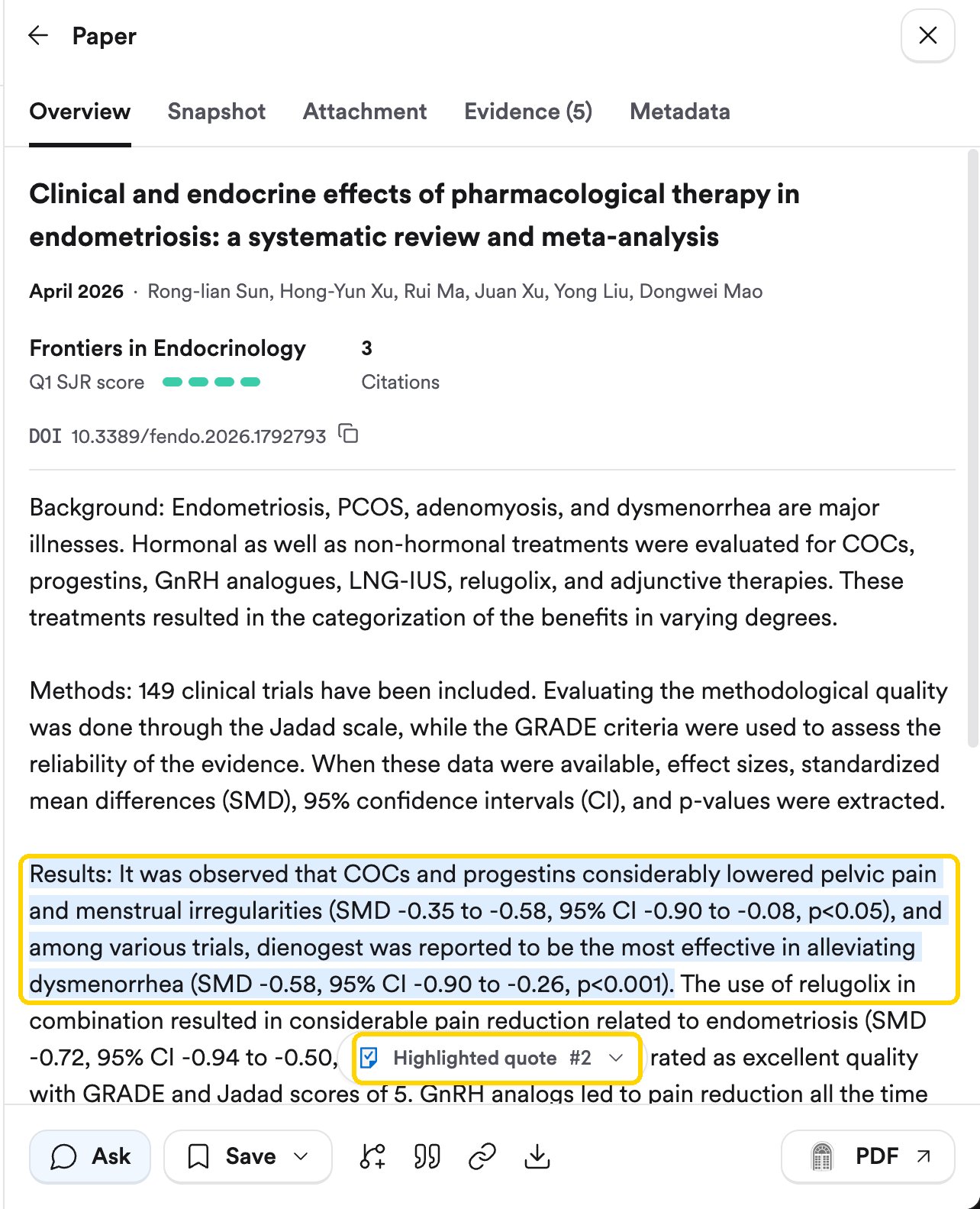 The paper panel open on its Overview tab, with a supporting quote from the abstract highlighted and the Highlighted quote #2 picker below it